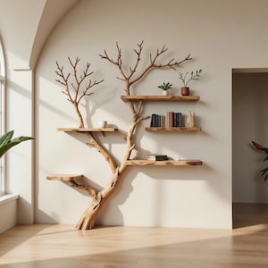 Driftwood shelf wall mount tree branch bookshelf natural branch bookcase solid wood home  decor
