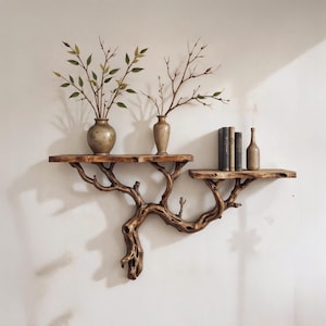 Driftwood  branch shelf wall mount tree floating bookshelf natural solid wood bookcase art handmade furniture for living room decor