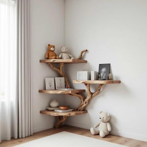 Driftwood branch wall mounted tree bookshelf solid wood bookcase handmade furniture bookshelves wall art decor