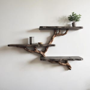 Driftwood branch shelf tree floating bookshelf wall mount natural solid wood bookcase wooden wall art hanging furniture decor