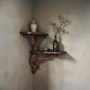 2-tier driftwood corner shelf art tree branch bookshelf wall mount solid wood bookcase decor for home