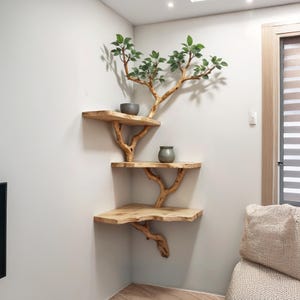 Tree floating corner shelf driftwood bookshelf wall mount bookcase art home decor for living room