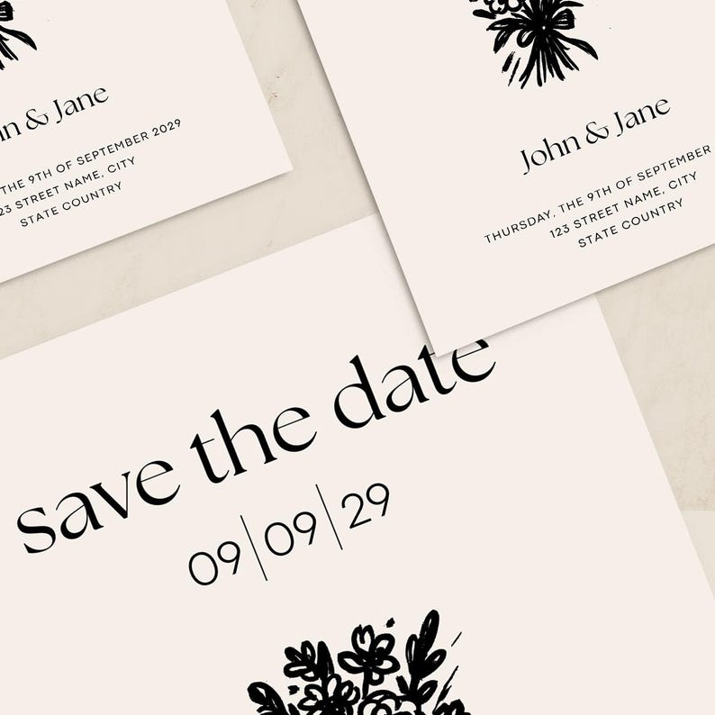 May include: Save the date card with a black and white floral illustration and the text "save the date" and "09/09/29".