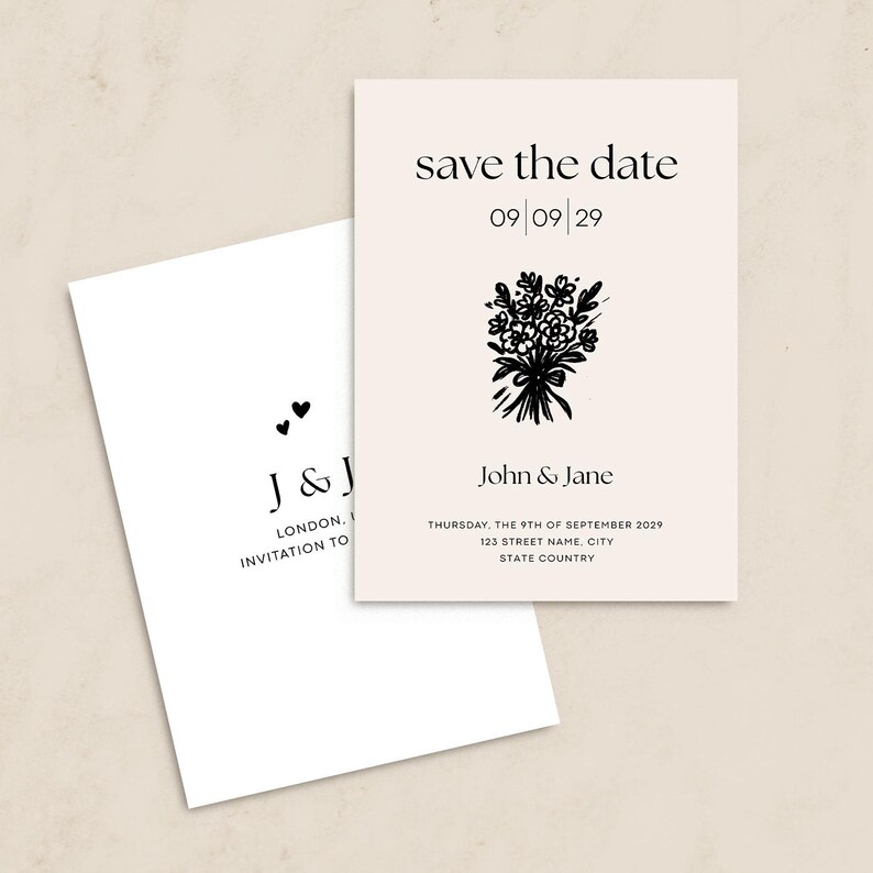 May include: Save the date card with a black and white floral illustration, the text "save the date" and the date "09/09/29". The card also includes the names "John & Jane" and the date "Thursday, the 9th of September 2029".
