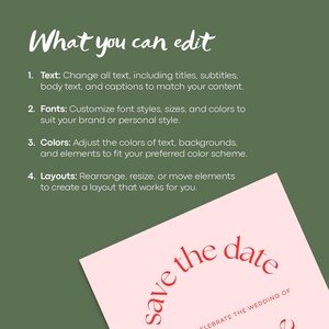 Puede incluir: Un gr&aacute;fico rosa y verde con texto blanco que dice "What you can edit". El texto enumera cuatro cosas que se pueden editar: texto, fuentes, colores y dise&ntilde;os. El gr&aacute;fico tambi&eacute;n incluye una tarjeta rosa con texto rojo que dice "Save the date" y "Celebrate the wedding of".
