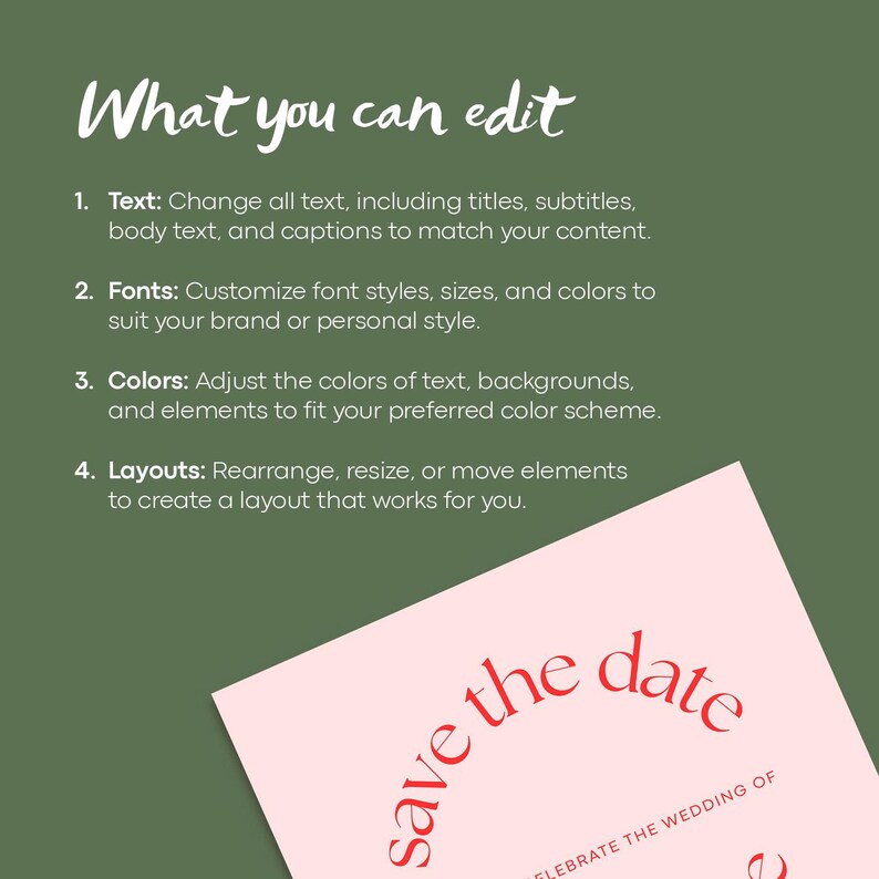 Puede incluir: Un gr&aacute;fico rosa y verde con texto blanco que dice "What you can edit". El texto enumera cuatro cosas que se pueden editar: texto, fuentes, colores y dise&ntilde;os. El gr&aacute;fico tambi&eacute;n incluye una tarjeta rosa con texto rojo que dice "Save the date" y "Celebrate the wedding of".