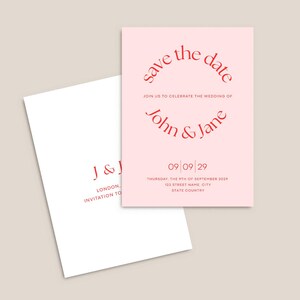 Puede incluir: Tarjeta de guardar la fecha rosa con texto rojo. El texto dice "save the date" en un c&iacute;rculo, seguido de "Join us to celebrate the wedding of John & Jane". La fecha se indica como "09/09/29" y la fecha completa es "Thursday, the 9th of September 2029". La direcci&oacute;n se indica como "123 Street Name, City, State Country".