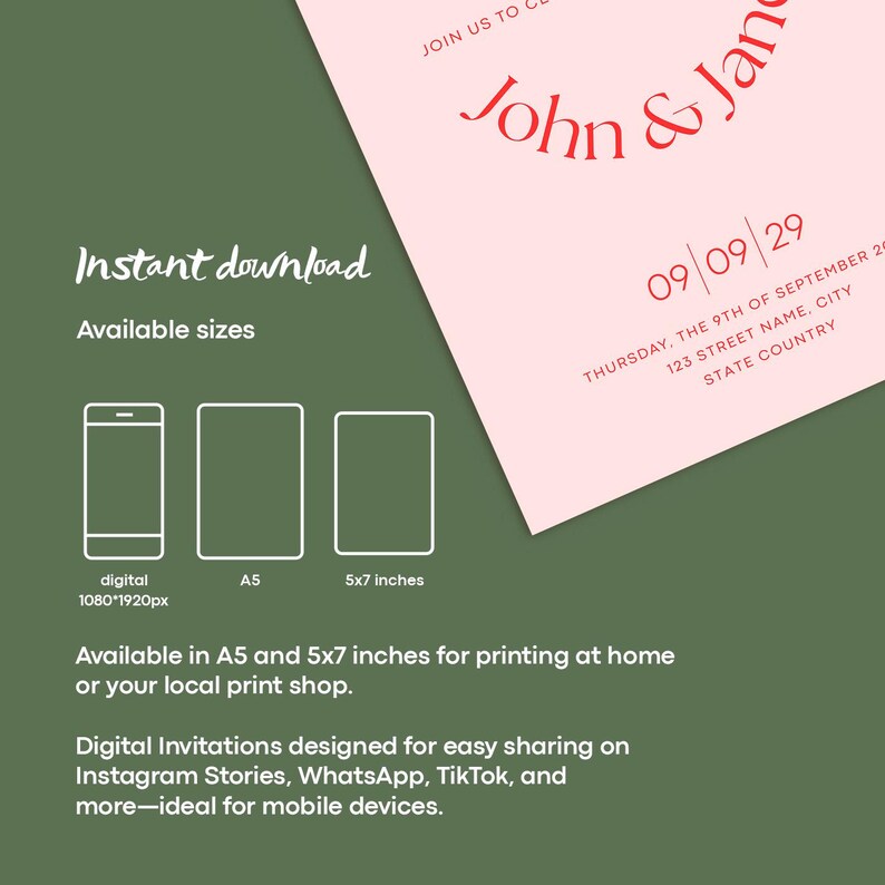 Puede incluir: Plantilla de invitaci&oacute;n de descarga instant&aacute;nea con fondo rosa y texto rojo. El texto dice "John & Jane" e incluye la fecha "09/09/29" y el texto "THURSDAY, THE 9TH OF SEPTEMBER 2024". La invitaci&oacute;n est&aacute; disponible en tama&ntilde;os digital, A5 y 5x7 pulgadas.