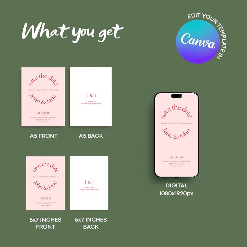 Puede incluir: Una plantilla de tarjeta digital "Save the Date" para una boda. La plantilla presenta un fondo rosa con un c&iacute;rculo rojo que dice "Save the Date" con los nombres "Jane & John" y la fecha "09/09/29". La plantilla est&aacute; disponible en tama&ntilde;os A5 y 5x7 pulgadas, as&iacute; como en versi&oacute;n digital.