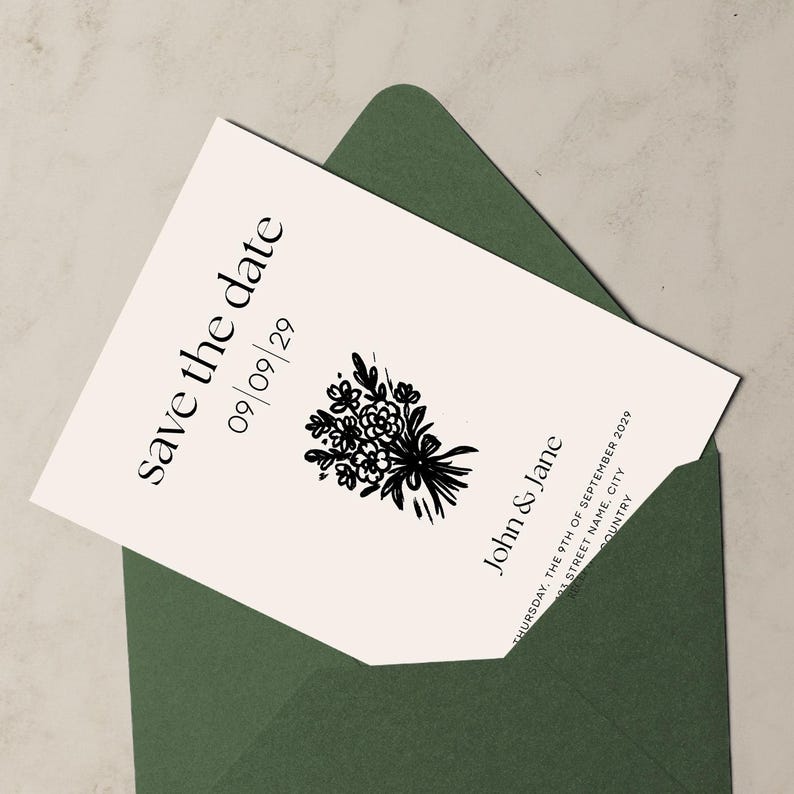 May include: Save the date card with a floral illustration and the text "save the date" and "09/09/29". The card also includes the names "John & Jane" and the date "Thursday, the 9th of September 2029".