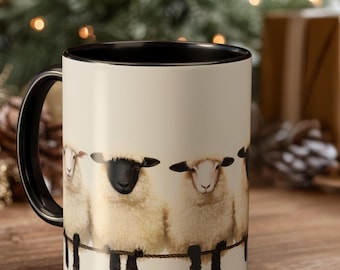 Grillige schapenaccentmok, schattig koffiekopje boerderijdieren, rustieke zwart-witte schapenmok, gezellige boerderij drinkgerei, cadeau voor haar