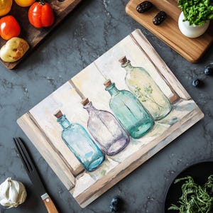 Vintage Bottles Cutting Board, Kitchen Decor, Rustic Kitchen Tray, Tempered Glass Kitchen Board, Kitchen Gift, Cottage Glass Counter Art