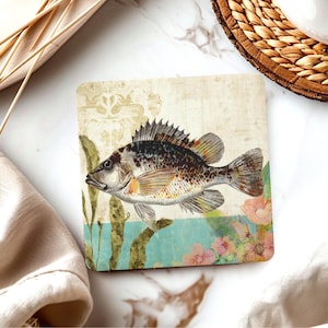 Tropical Fish and Flowers Set of 4 Coasters, Cottage Coastal Art Cork Coaster, Rustic Seaside Decor, Gift For Fishermen And Ocean Lovers