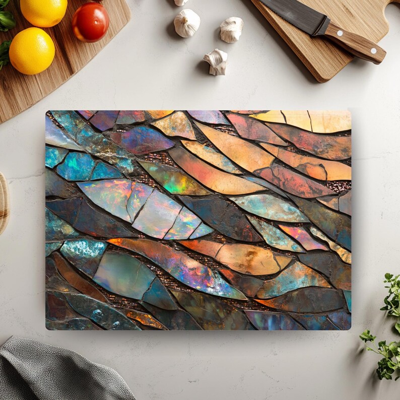 Tabla de cortar con mosaico abstracto / Tabla de cortar de vidrio estilo vidriera opalina / Decoración de cocina bohemia colorida / Regalo único para chefs imagen 8