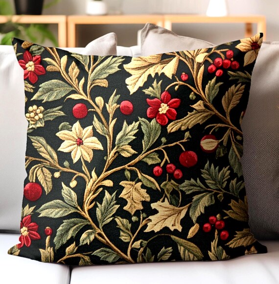 Botanical Giftable Woven Pillow, Vintage Holiday Floral Pillowcase, Festive Decorative Cushion Cover, Cozy William Morris Couch Accent