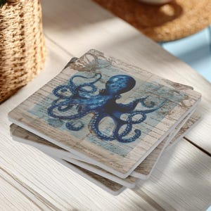 Set of 4 Blue Octopus Coasters, Nautical Cork Drink Coaster, Vintage Ocean Marine Decor, Sea Creature Tabletop Gift For Coastal Lovers
