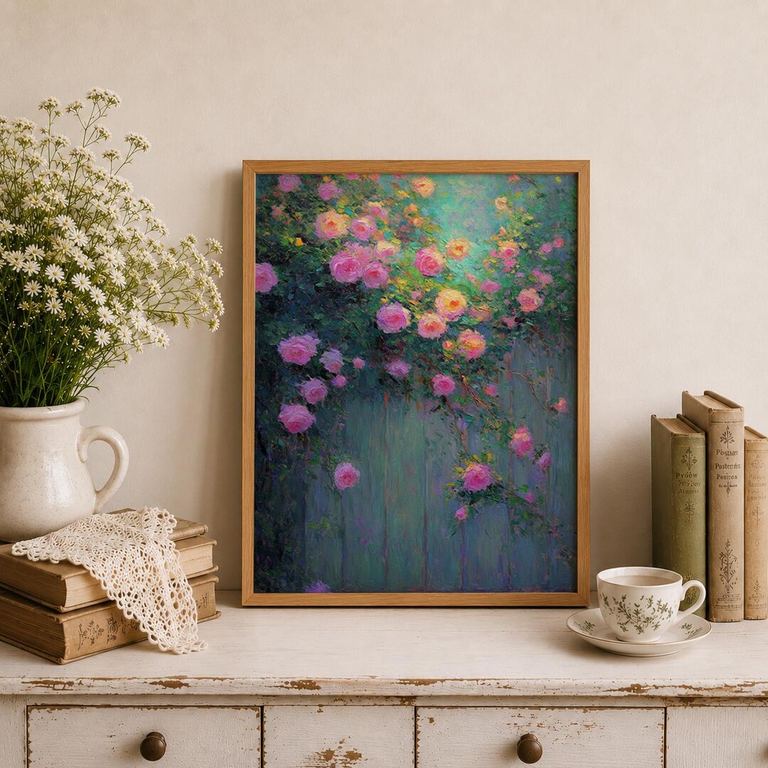 Vintage Rose Wall Art Print, Vertical Floral Garden Canvas, Cottagecore ...