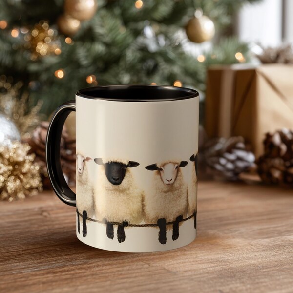 Caneca com estampa de ovelha, caneca de café com um toque campestre e fofo, caneca rústica com ovelha em preto e branco, utensílio de cozinha aconchegante para casa de campo, presente para ela.