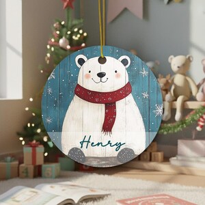 Rustic Polar Bear Giftable Ornament, Double-Sided Woodland Tree Decor With Gold String, Cozy Bear Keepsake, Winter Holiday Gift