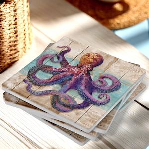 Vibrant Octopus Coasters, Coastal Octopus Drink Set of 4 Coasters, Ocean Animal Art, Coastal Marine Lover Table Accent