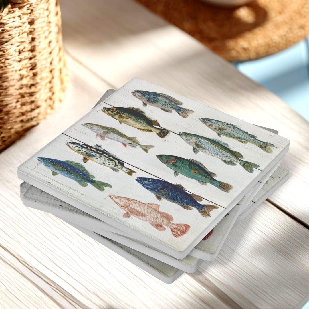 Fish Chart Coaster Set of 4, Rustic Ocean Species Cork Coasters ...