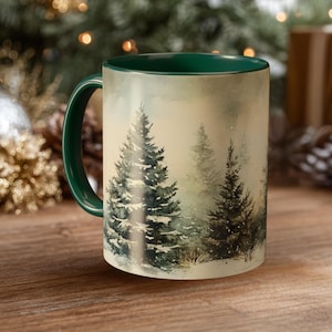 Snowy Christmas Trees Accent Coffee Mug, Winter Forest Ceramic Cup, Rustic Holiday Drinkware, Cozy Christmas Mug Gift, Seasonal Cabin Accent