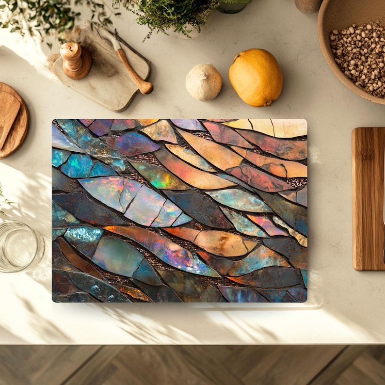 Tabla de cortar con mosaico abstracto / Tabla de cortar de vidrio estilo vidriera opalina / Decoración de cocina bohemia colorida / Regalo único para chefs imagen 6