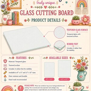 The image is a colorful advertisement for a glass cutting board product. It features illustrations of a glass cutting board, flowers, books, and other decorative elements. The product details section provides information about the glass cutting board, including its features and available sizes. The ad also includes a note about minor size variations during production and printing.