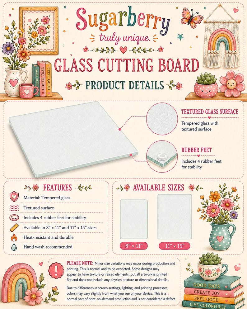 The image is a colorful advertisement for a glass cutting board product. It features illustrations of a glass cutting board, flowers, books, and other decorative elements. The product details section provides information about the glass cutting board, including its features and available sizes. The ad also includes a note about minor size variations during production and printing.