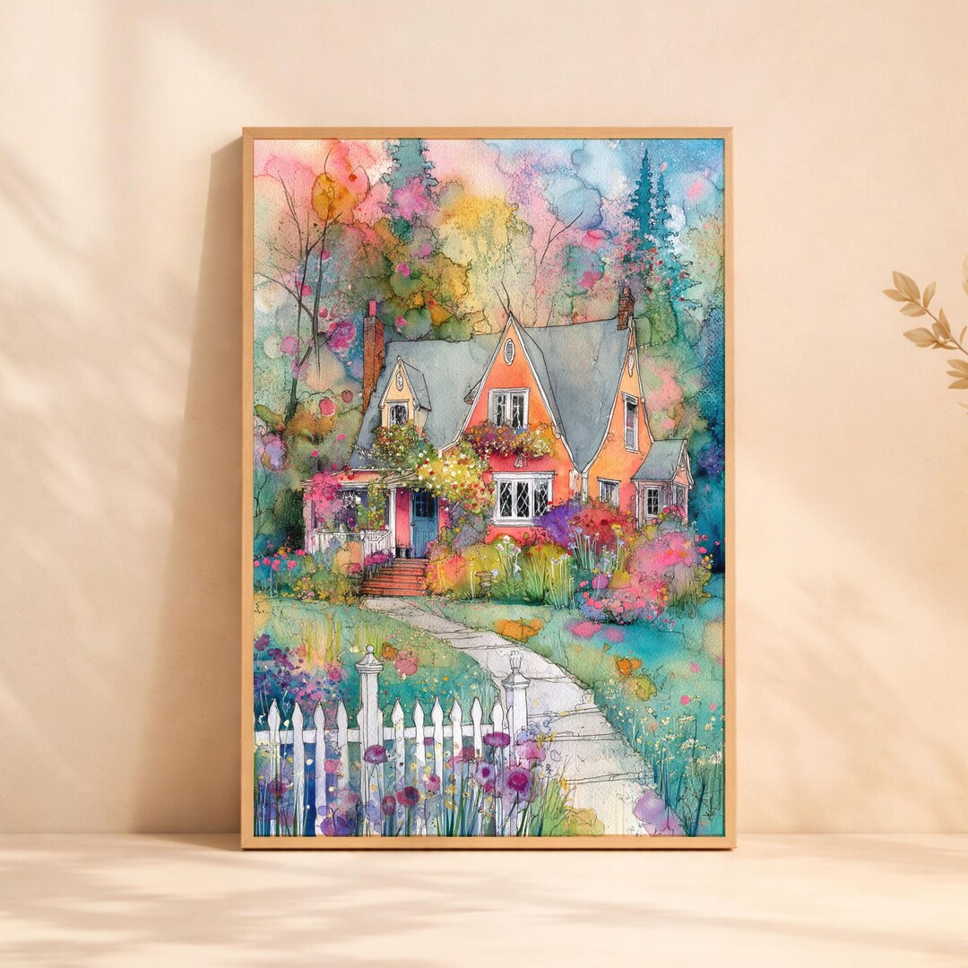 Cottagecore Wall Art, Colorful Cottage House Print, Whimsical Floral ...