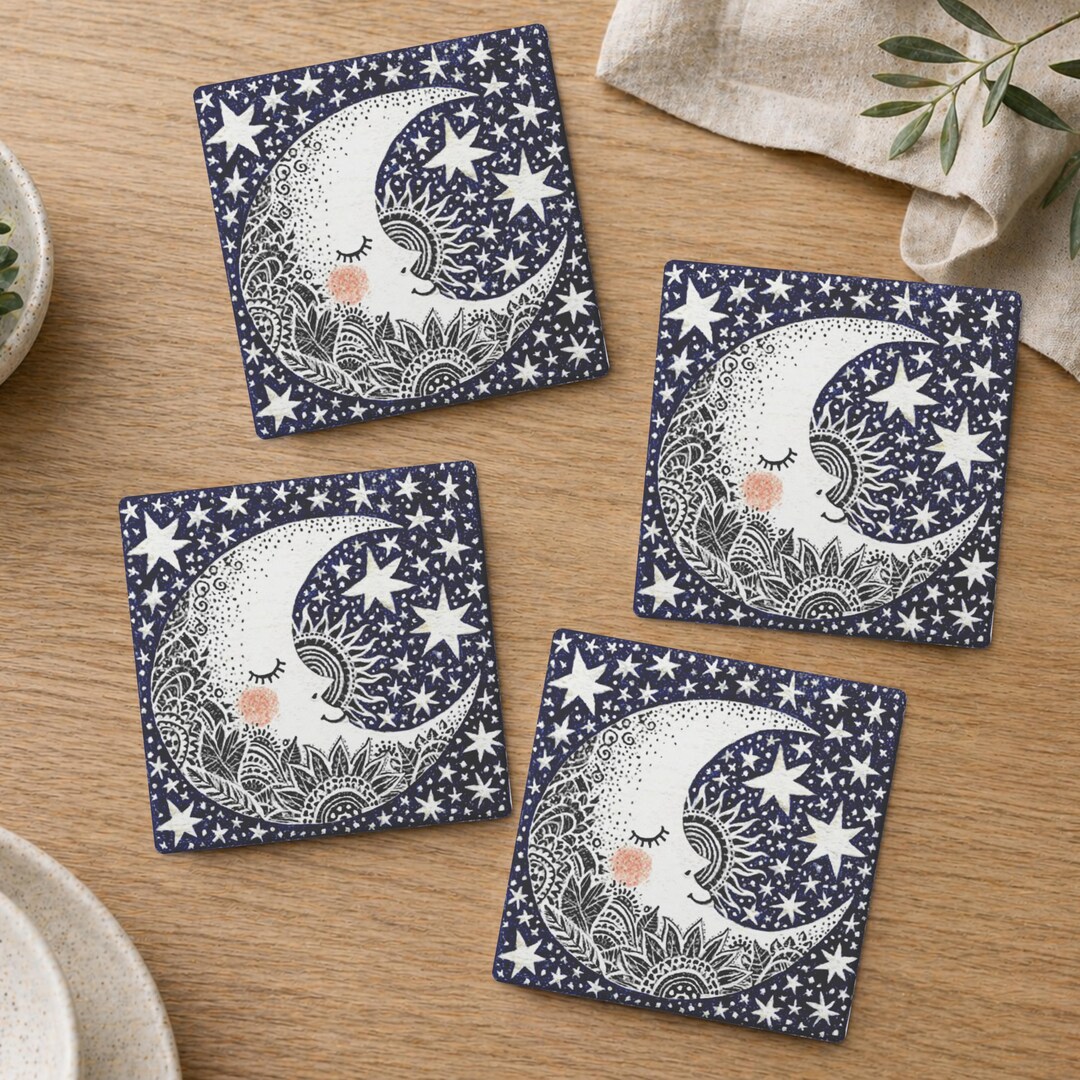 Moon Rug Coaster Set of 4 Celestial Moon Coasters, Boho Night Sky Drink Coasters, Star ...