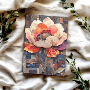 Patchwork Flower Hardcover Journal, Warm Boho Botanical Notebook, Artistic Collage Diary, Lined Writing Book, Floral Stationery Gift
