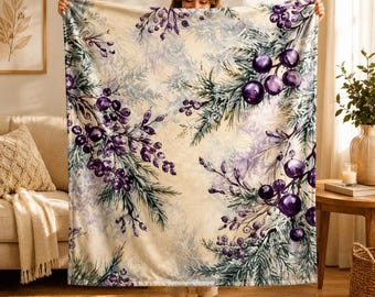 Winter Berry Velveteen Blanket, Botanical Sherpa Throw Blanket, Vintage Floral Bed Cover, Purple Berry Couch Accent, Holiday Sofa Gift