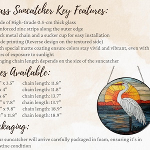 The image is a product description for a glass suncatcher, listing its key features and sizes available. It also provides information on the packaging and how to safely transport the product.
