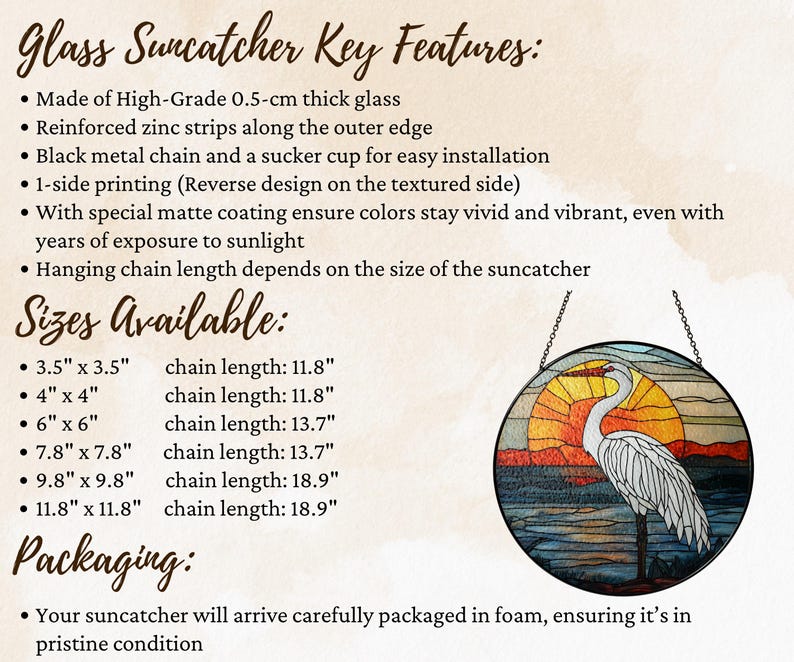 The image is a product description for a glass suncatcher, listing its key features and sizes available. It also provides information on the packaging and how to safely transport the product.