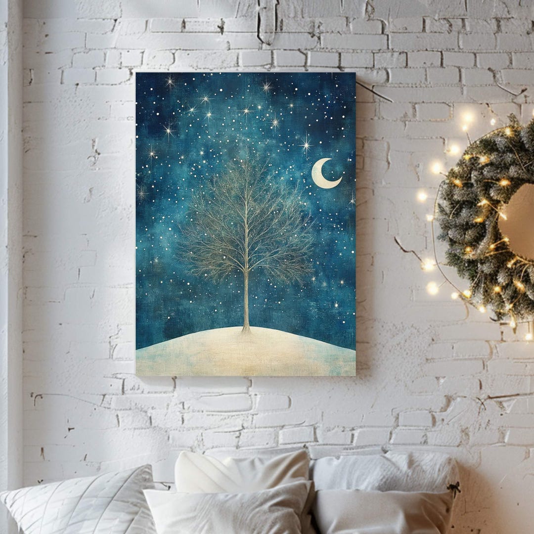 Crescent Moon Tree Wooden Canvas Wall Art, Celestial Night Sky Print ...