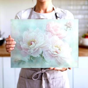 Pastel Peonies Glass Cutting Board, Kitchen Decor, Floral Serving Tray, Tempered Glass Kitchen Board, Cottage Home Accent, Glass Counter Art