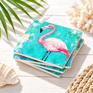 Set med 4 underlägg, present till flamingoverälskare, rosa flamingo-kaffeunderlägg, present till tropiskt strandhus, presentidé till sommarhem