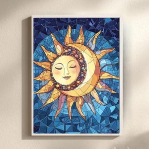 Mosaic Celestial Wall Art, Sun and Moon Framed Canvas Print, Cosmic Sunshine Poster, Whimsical Celestial Decor, Mystical Lover Gift