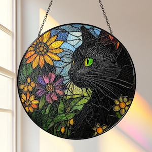 花柄の黒猫ステンドグラスサンキャッチャー、アクリルサンキャッチャー、窓吊り、ボヘミアン猫装飾、ライトキャッチャーチャーム、自然にインスパイアされたアクセント