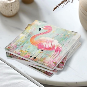 Set of 4 Coasters Gift for Flamingo Lovers, Pink Flamingo Coaster Gift Set, Tropical Bird Home Present, Colorful Decor Gift Idea