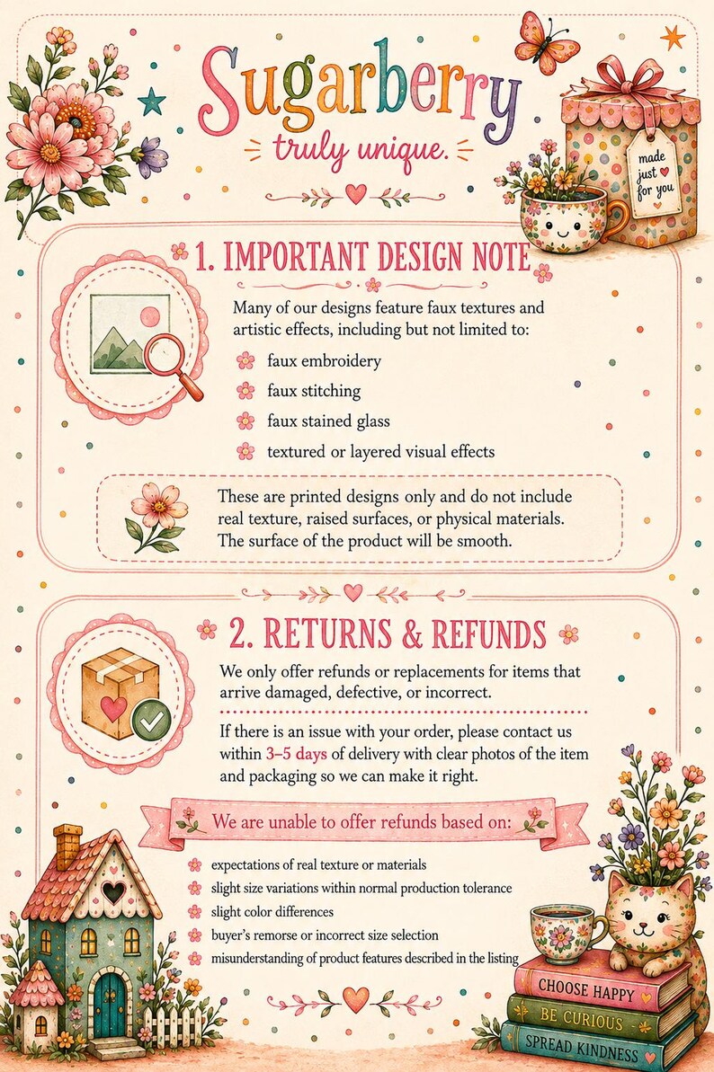 The image is a colorful illustration featuring a house, flowers, and a cat, along with text providing information about a product called "Sugarberry".