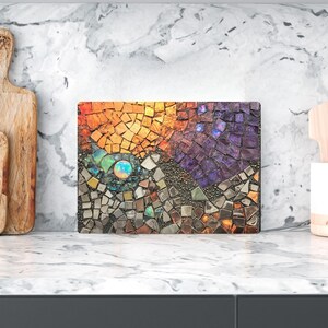 Sun Moon Mosaic Look Cutting Board, Celestial Tempered Glass Board, Abstract Night Sky Kitchen Decor, Faux Gemstone Tray, Glass Counter Art image 4