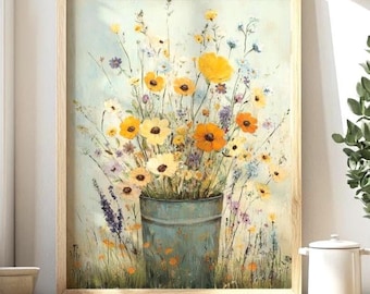Wildflower Kitchen Wall Art, Rustic Floral Canvas Print, Farmhouse Cottage Decor, Vintage Meadow Artwork, Country Botanical Accent