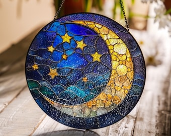 Mond und Sterne Suncatcher, Glasmalerei-Stil Fensterkunst, Acryl himmlisch inspirierter Charme, mystische Nachtdekoration, Lichtfangender Akzent