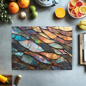 Tabla de cortar con mosaico abstracto / Tabla de cortar de vidrio estilo vidriera opalina / Decoración de cocina bohemia colorida / Regalo único para chefs imagen 7