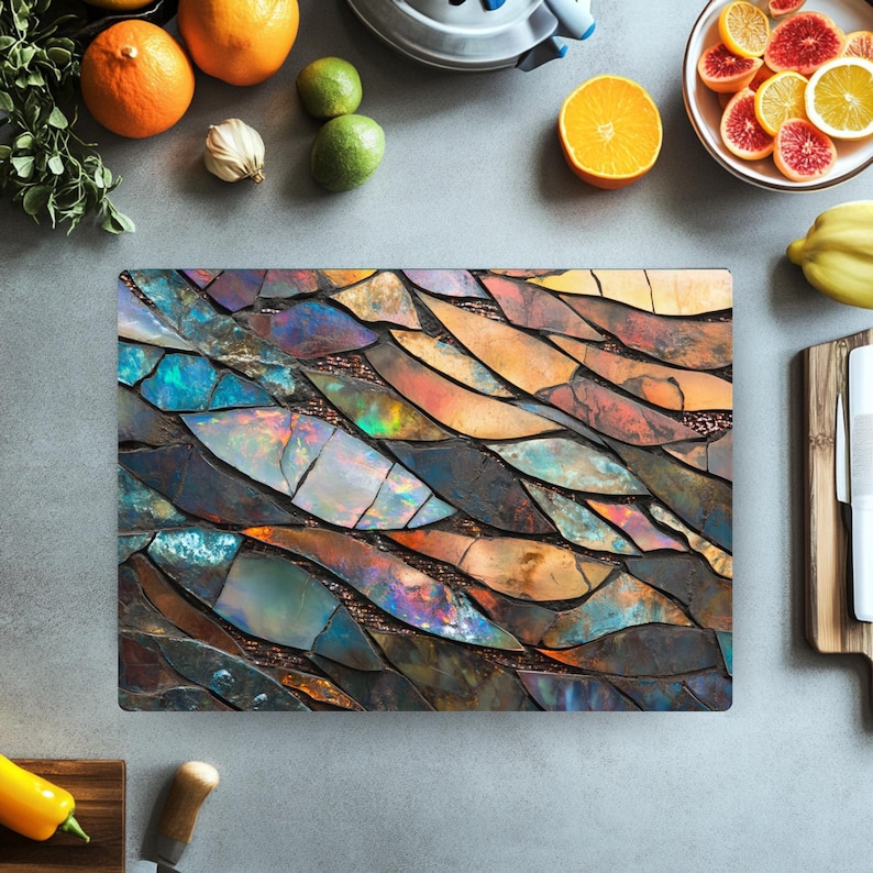 Tabla de cortar con mosaico abstracto / Tabla de cortar de vidrio estilo vidriera opalina / Decoración de cocina bohemia colorida / Regalo único para chefs imagen 7