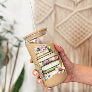 Spring  Watercolor Stack of Books 6 oz Sipper Glass, Book Lover Glass, Iced Coffee Glass with straw, Gasket-push bamboo lid, Beverage Glass