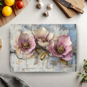 Textured Floral Glass Cutting Board, Faux Oil Painting Look Kitchen Decor, Romantic Glass Counter Art Gift, Chich Pink Flower Glass Tray
