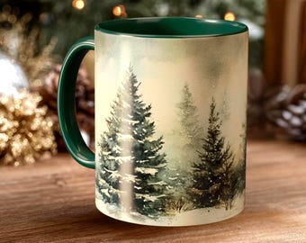 Mug à café accent arbres enneigés, tasse en céramique forêt hivernale, verres rustiques pour les fêtes, mug cadeau de Noël douillet, accent saisonnier pour chalet